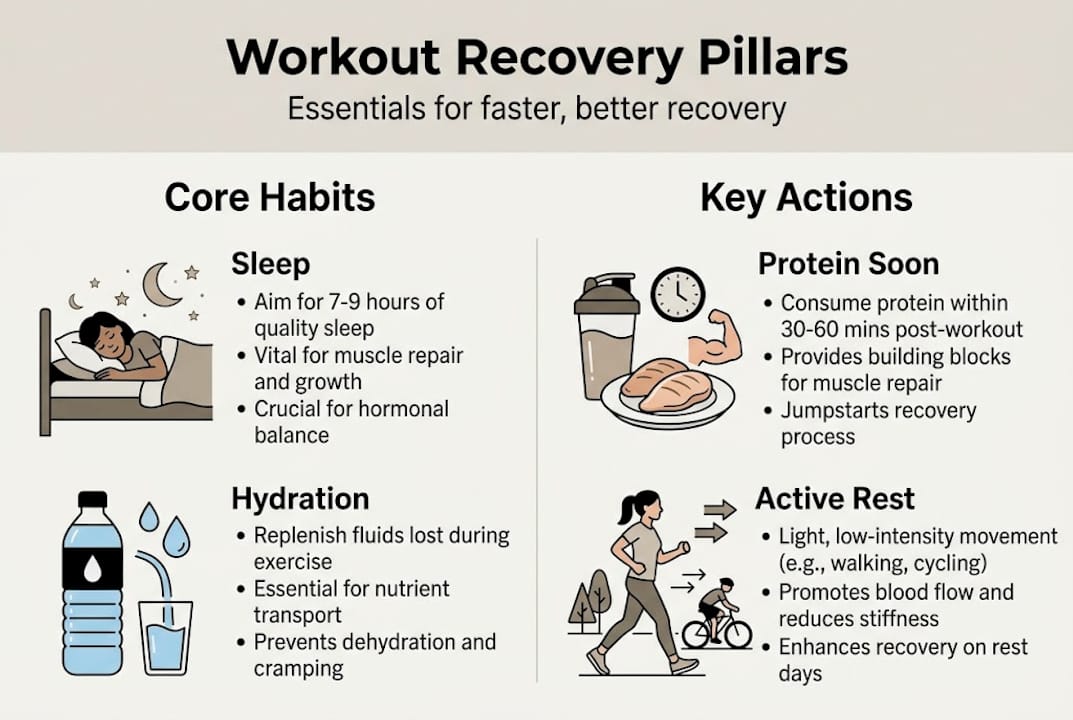 Infographic showing key workout recovery pillars