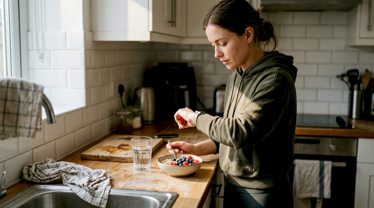 Woman eating oatmeal, checking recovery routine