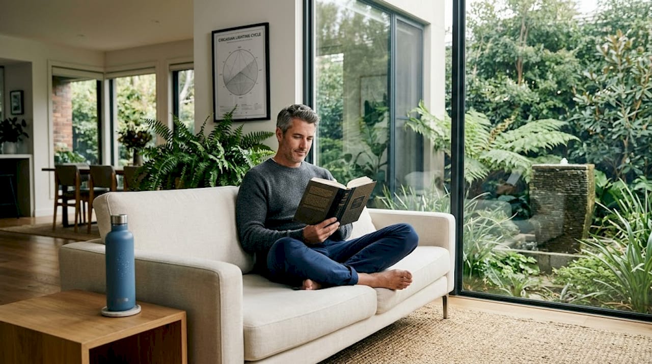 Man reading in airy biophilic home setting