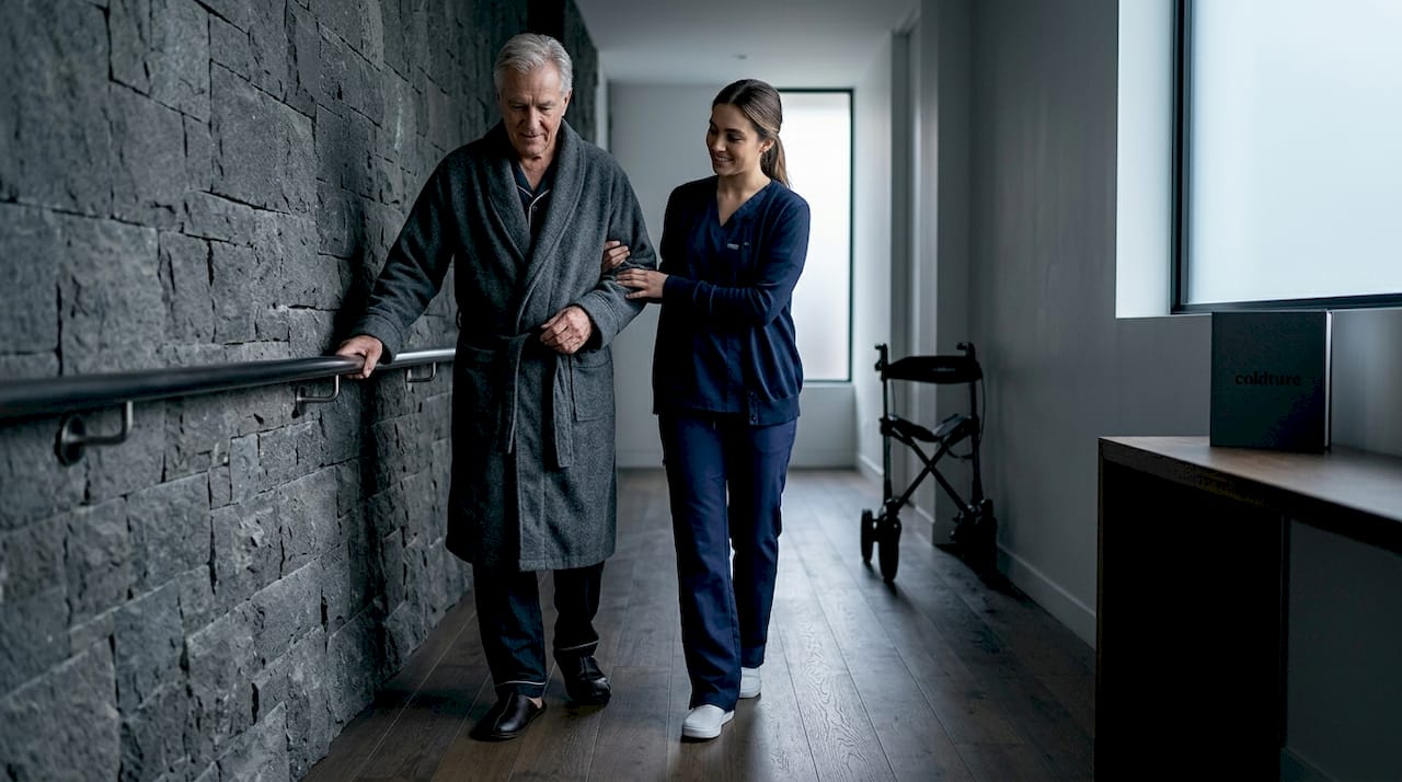 Caregiver supporting home recovery walking exercise