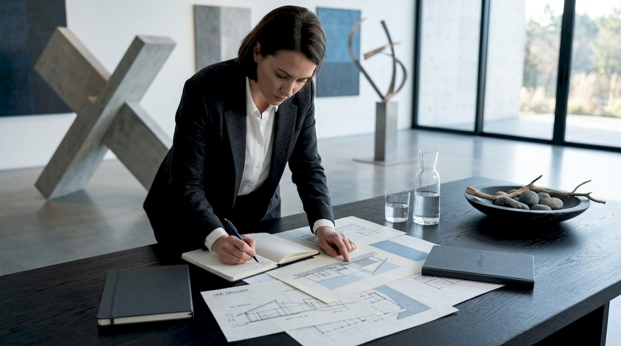 Architect reviewing wellness retreat floor plans