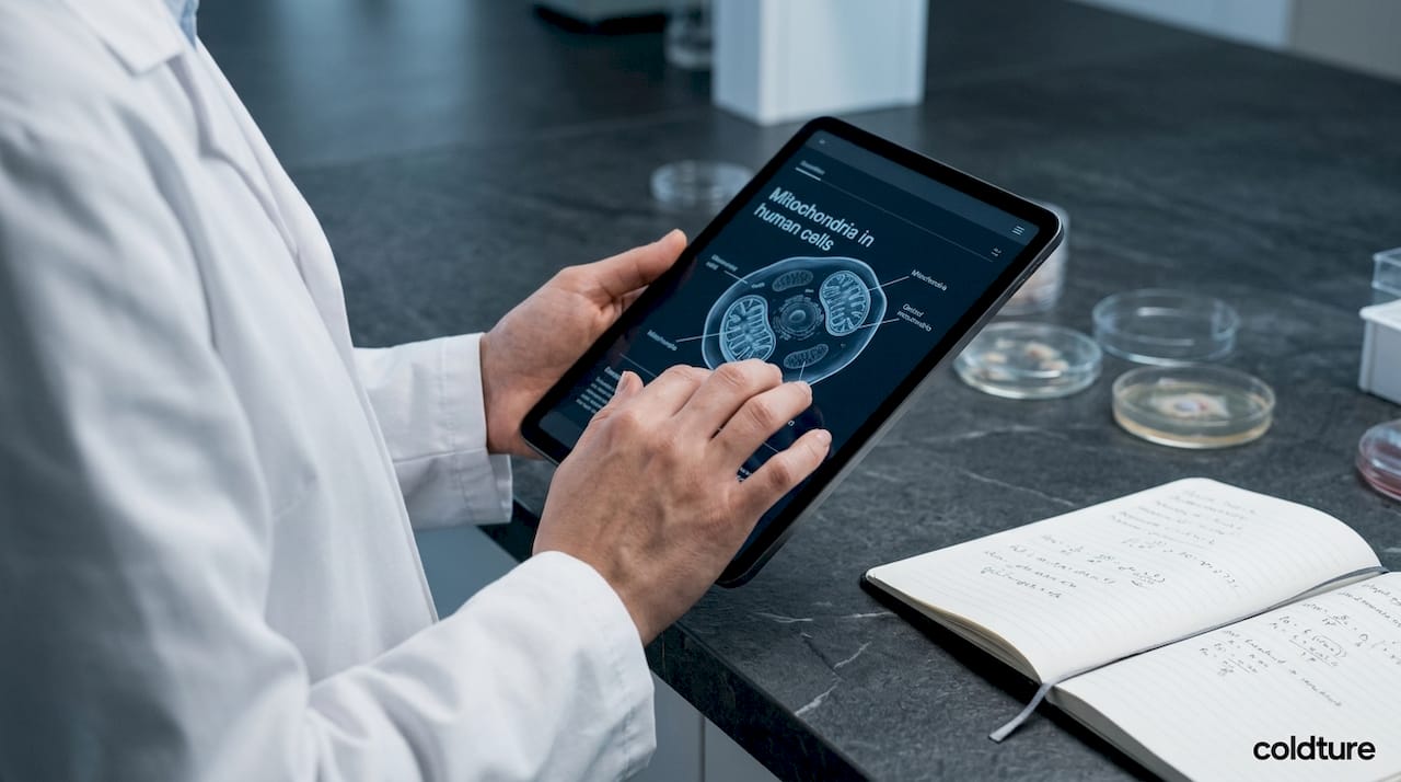 Scientist viewing cellular mitochondria diagram