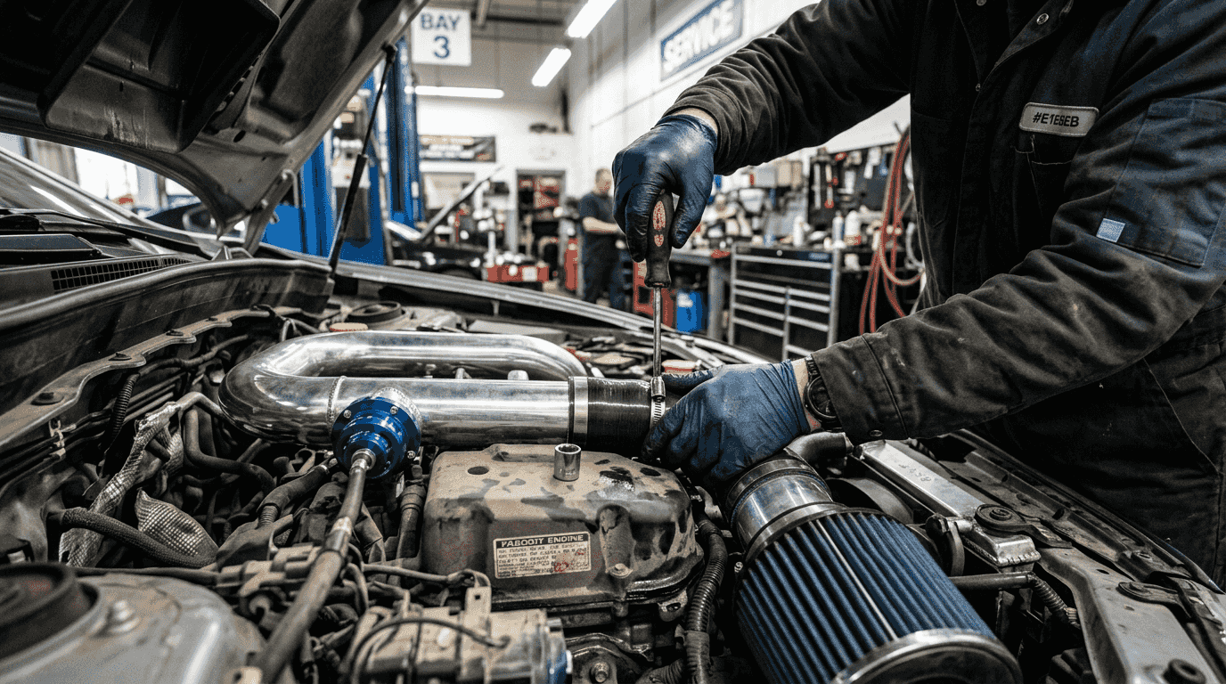 Manos de mecánico ajustando el motor de un coche mejorado