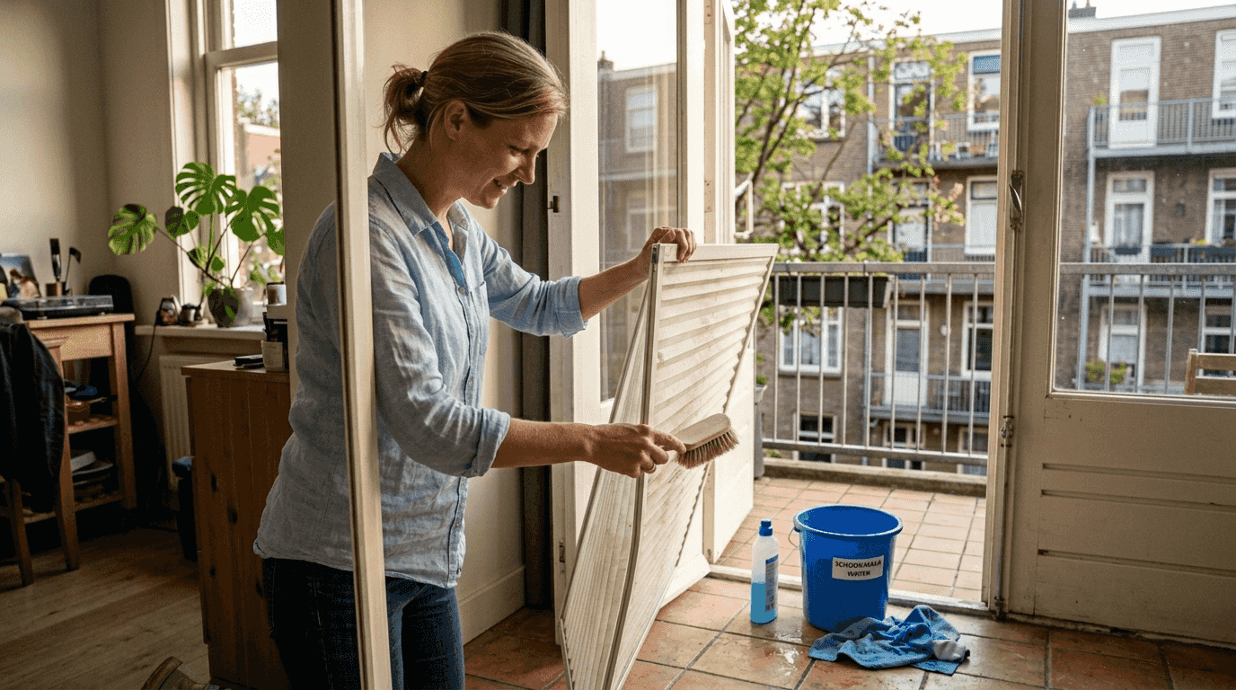 Een vrouw maakt het plissé hor bij het balkon schoon.