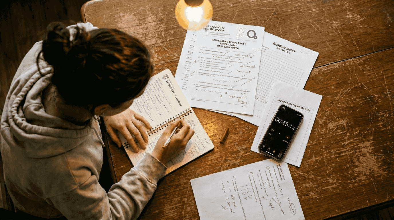 Student reviewing maths exam with notes
