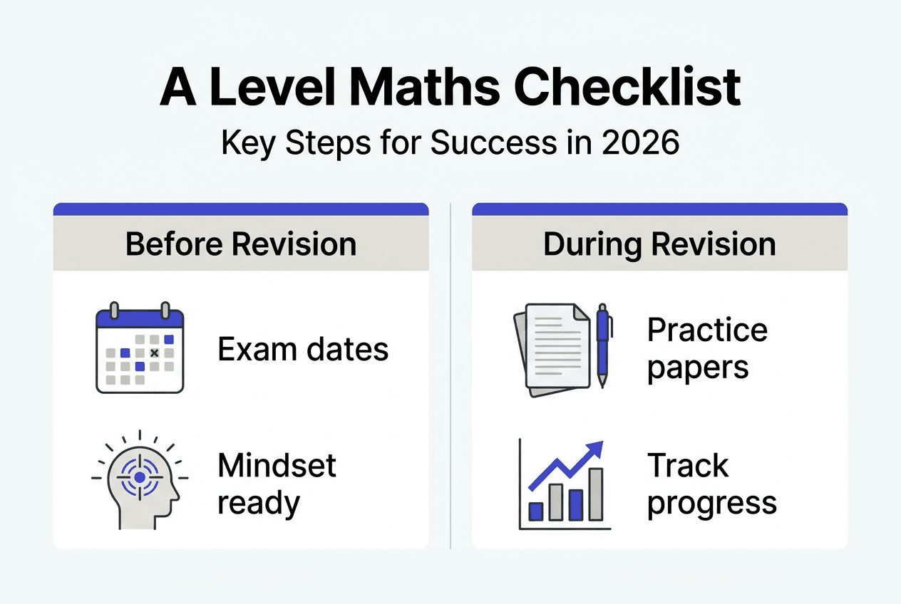Infographic showing maths revision steps and checklist