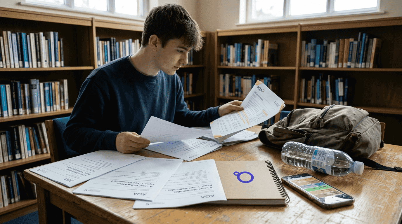 Student organizing A level past papers for revision