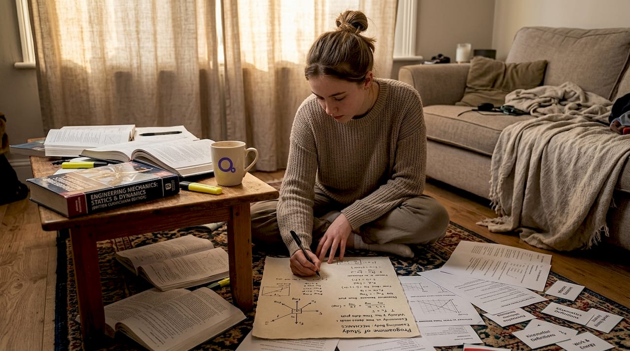Student revising mechanics and statistics with papers