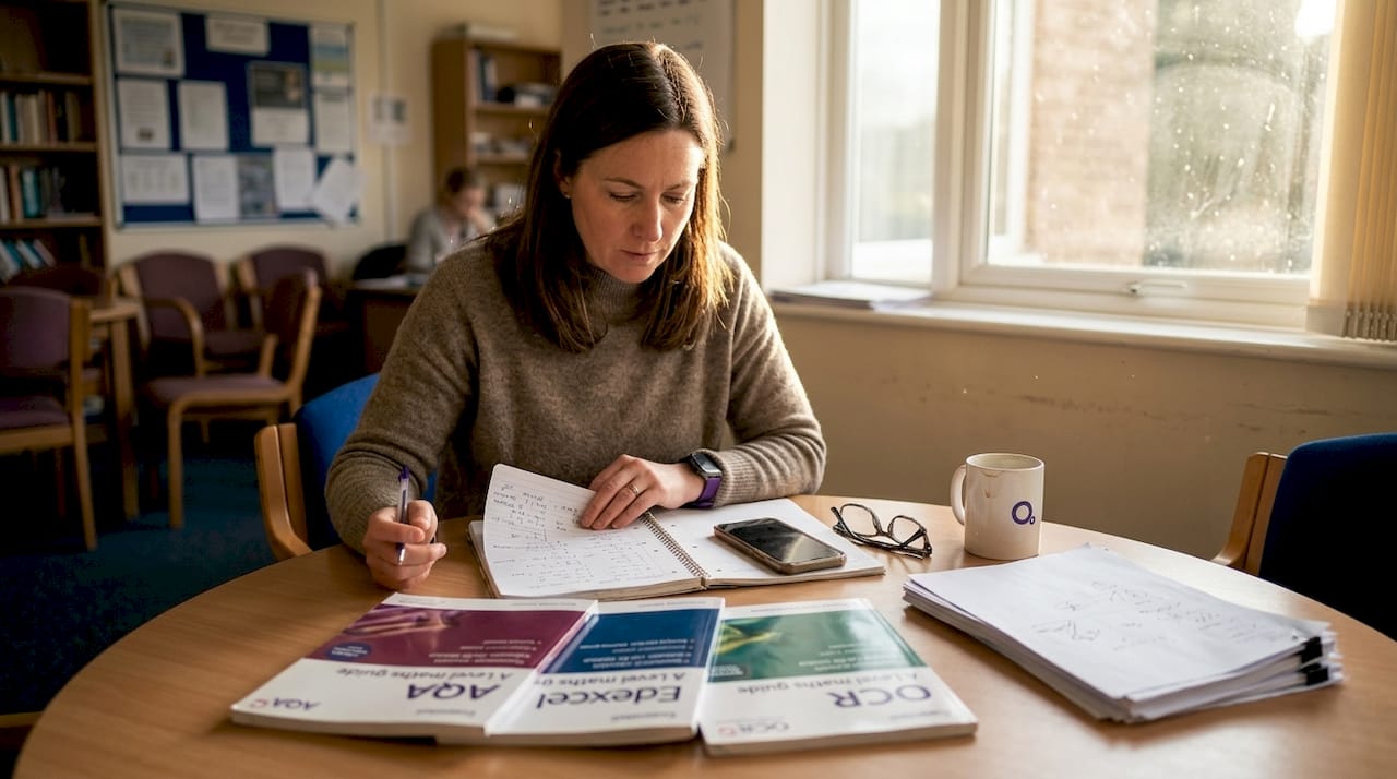 Teacher comparing A Level maths exam board guides