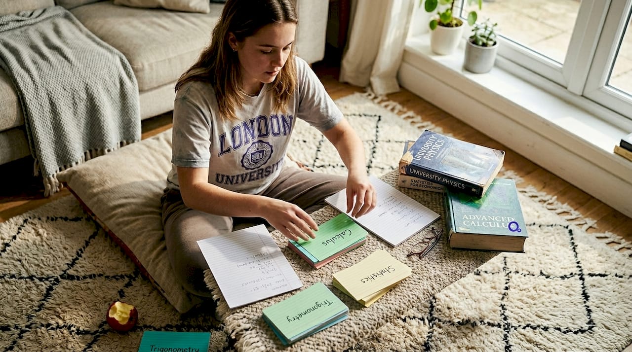 Student sorting revision topics at home