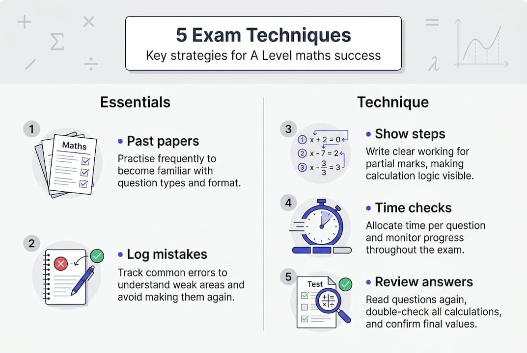 Infographic summarizing five A Level maths exam strategies