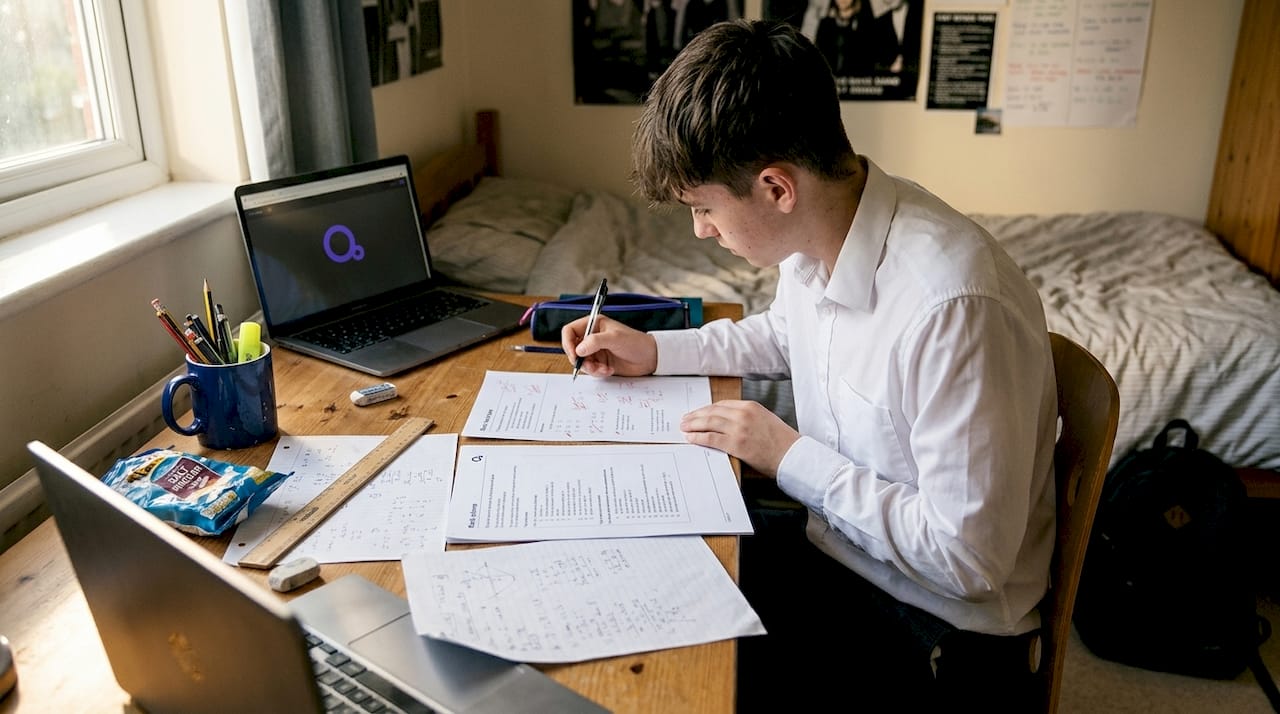 Student comparing maths paper to mark scheme