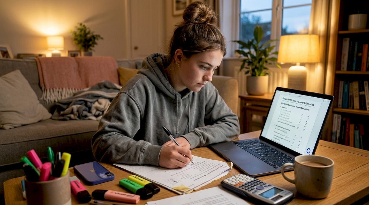 Student marking answers with mark scheme open