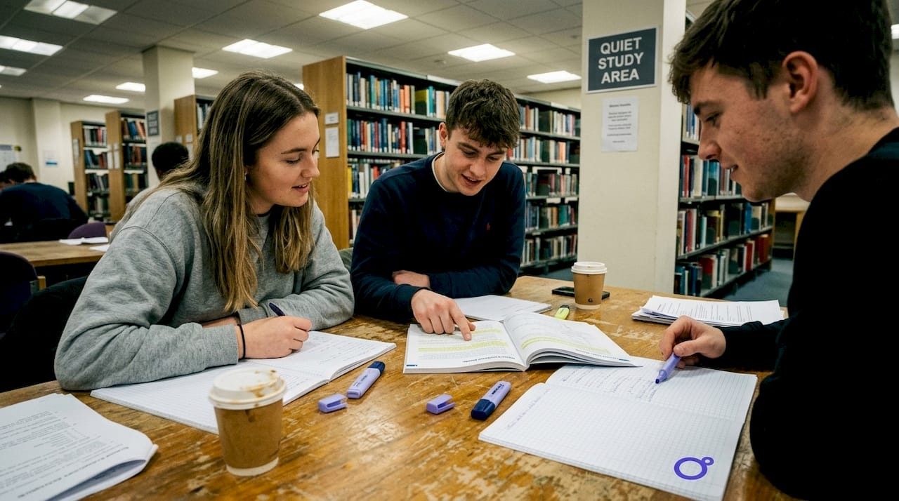 Students collaborating on maths revision in library