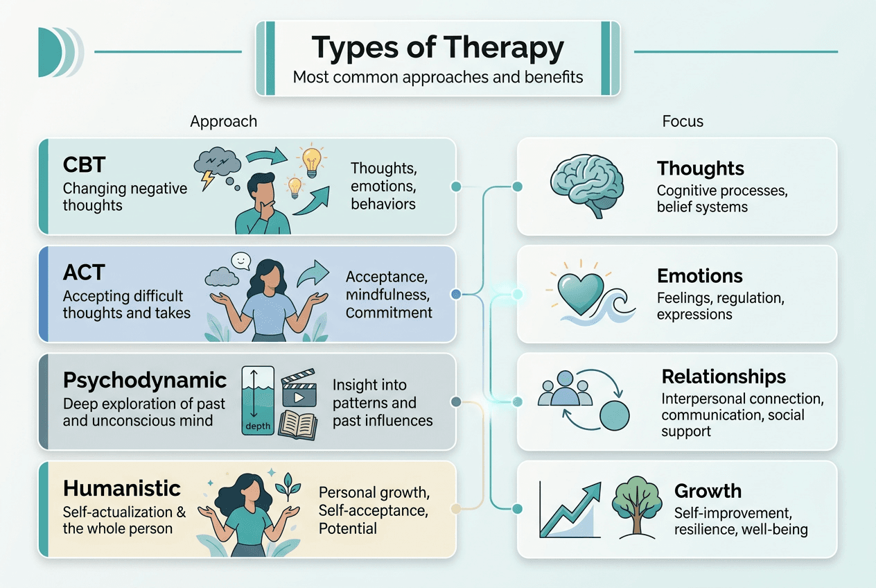 Infographic comparing types and focus of therapy