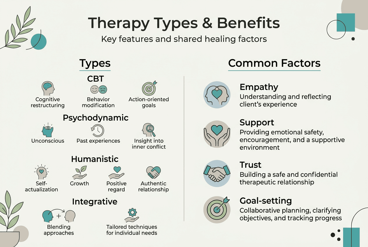 Infographic showing therapy types and common healing factors