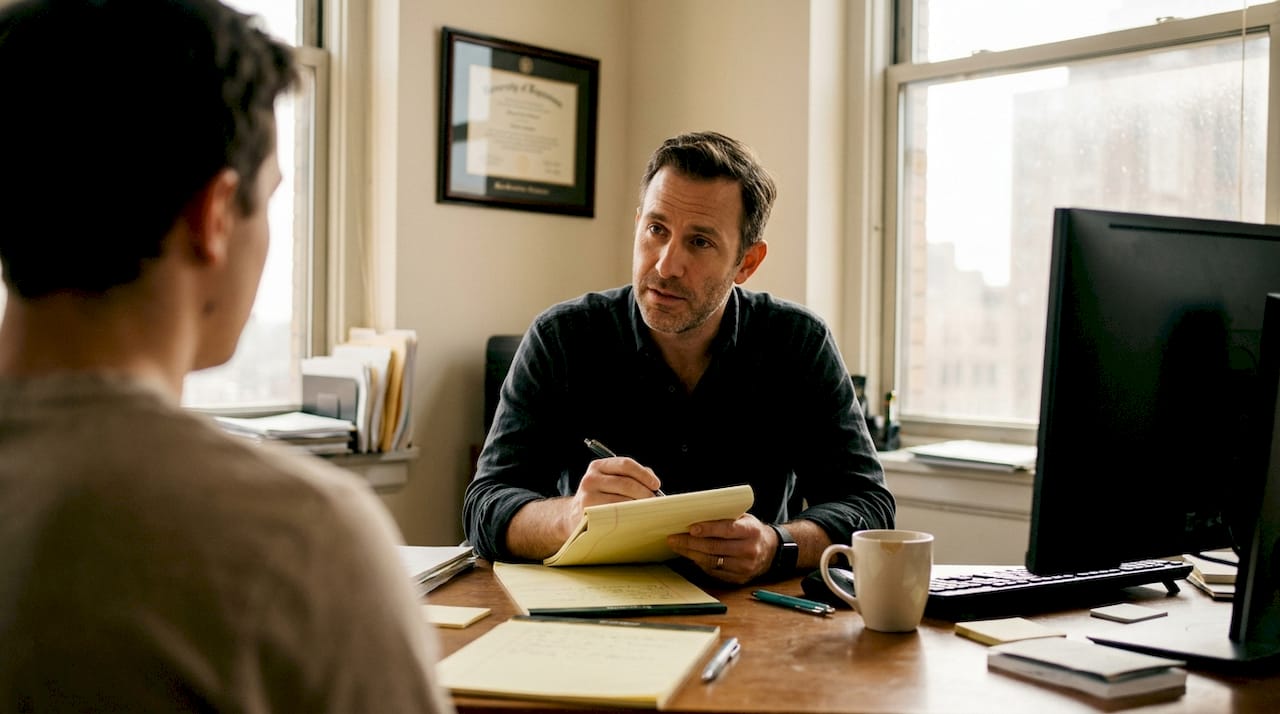 Therapist listening in office during client talk