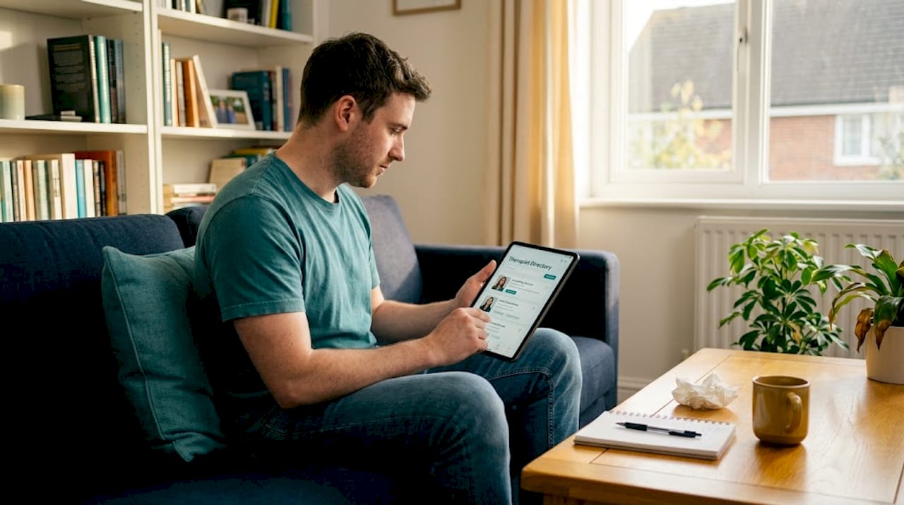 Man researching therapists in living room