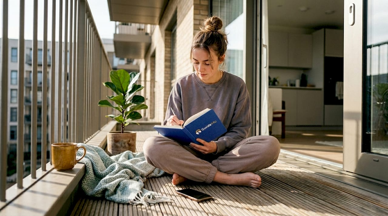 Woman journaling post-therapy reflecting progress