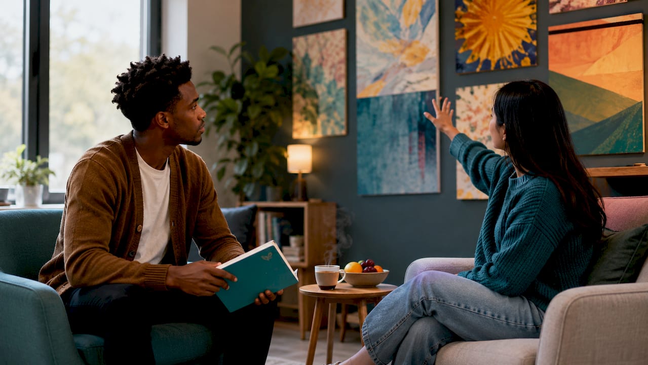Therapist and client discussing therapy elements