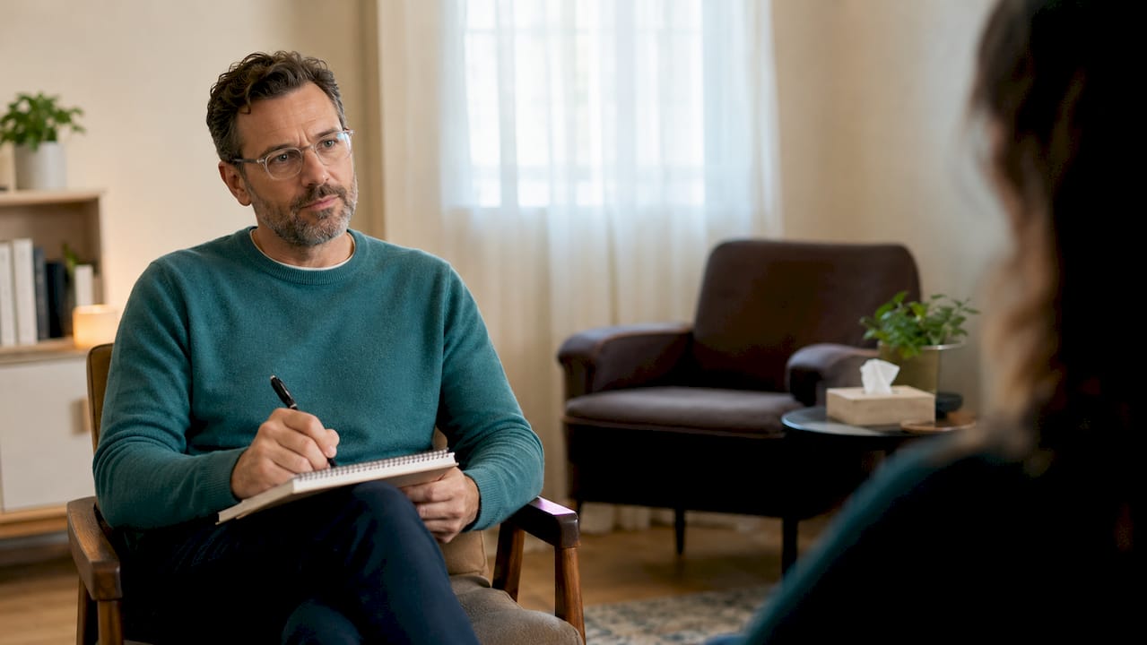 Therapist listening attentively in therapy room