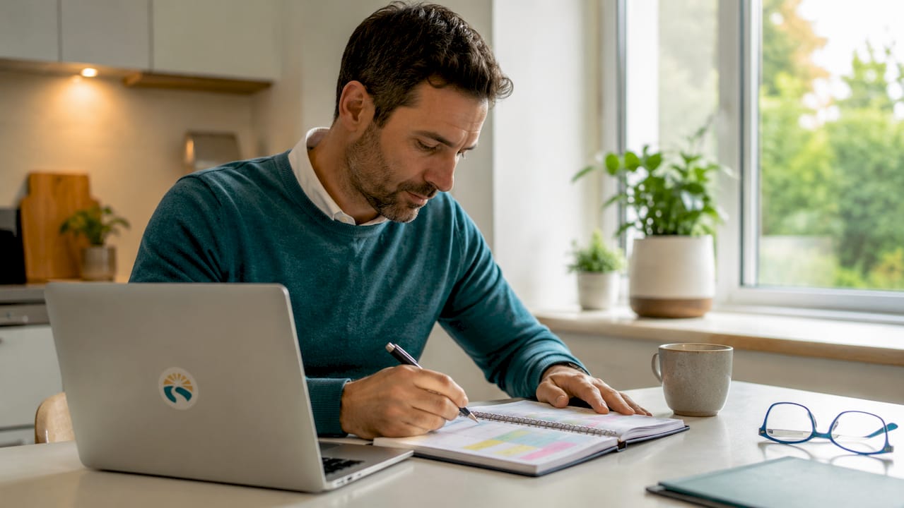 Hands organizing daily schedule at home desk