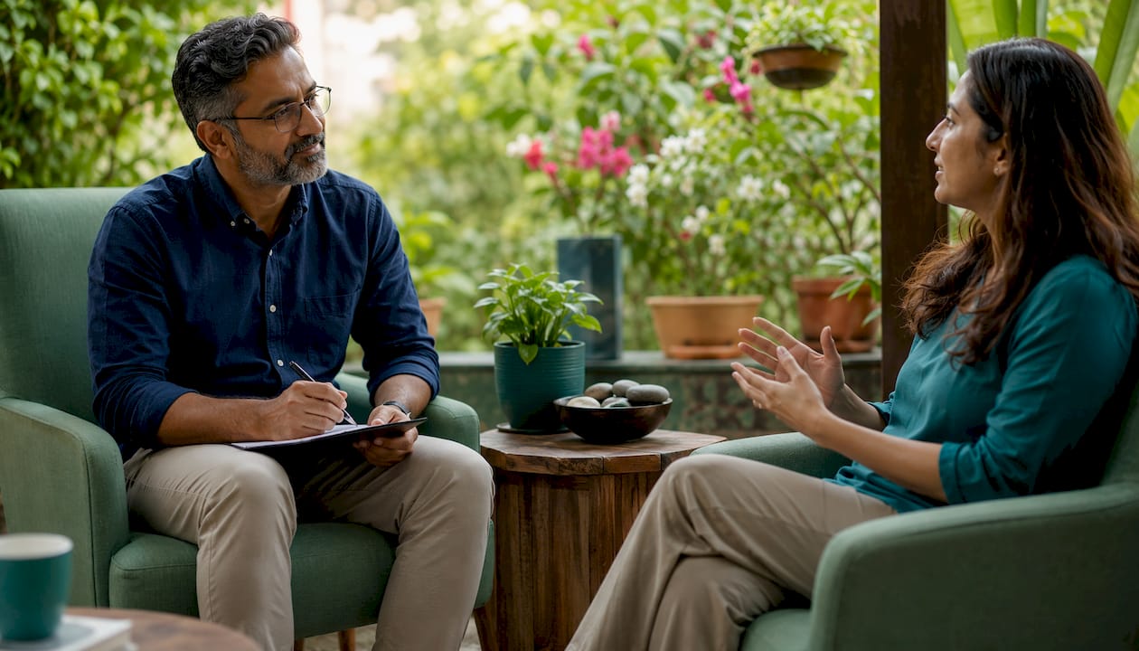 Therapist and client in calm therapy room session
