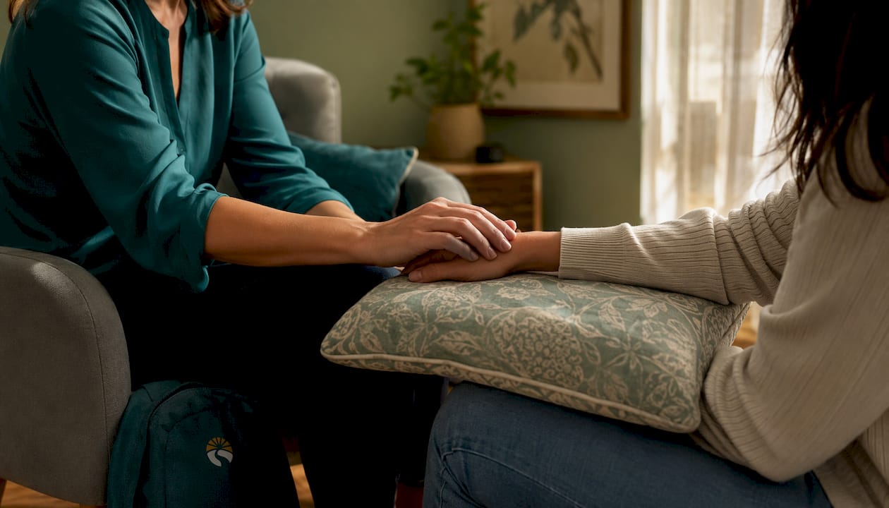 Therapist’s supportive hand touching client’s hand