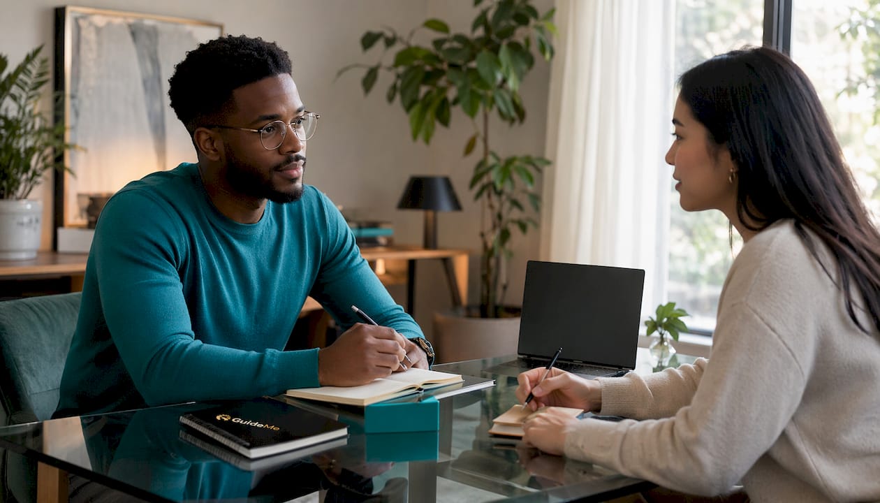 Therapist and client discussing therapy tasks at table