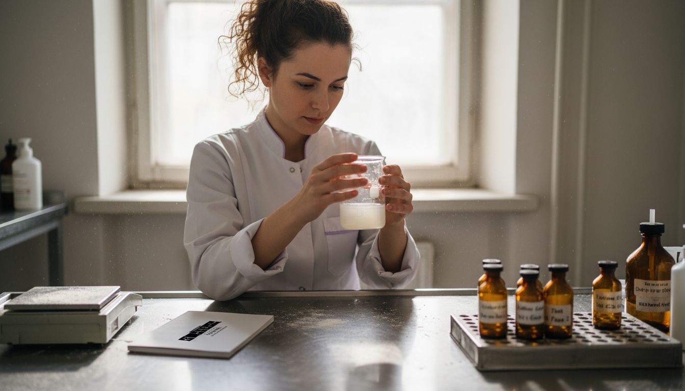 Un tehnician se ocupă de procesul de fermentație pentru produse cosmetice, lucrând într-un laborator specializat.