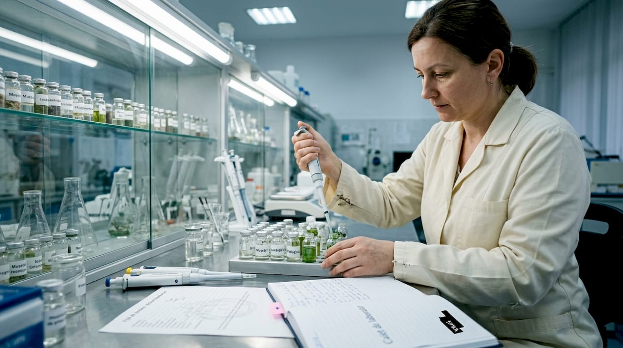 Un specialist analizează compoziția ingredientelor din cosmeticele japoneze.