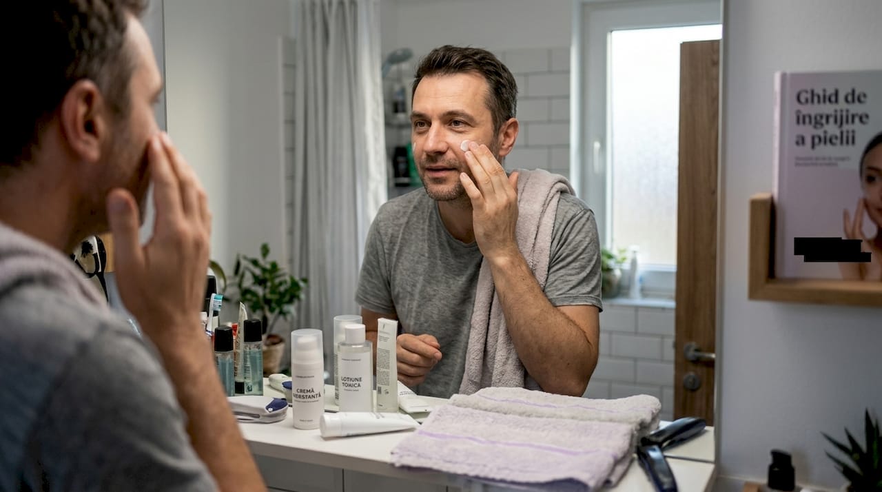 Bărbat care își îngrijește pielea sensibilă acasă