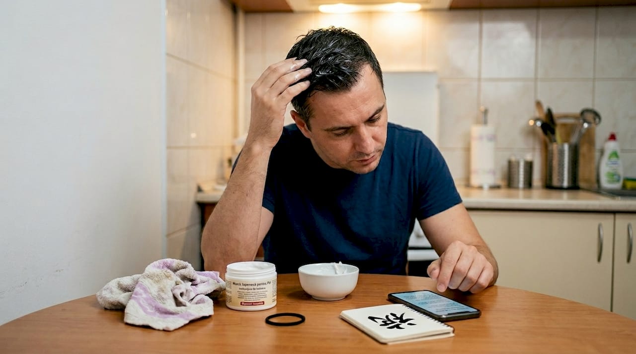 Un bărbat își aplică o mască japoneză pentru păr chiar în bucătărie
