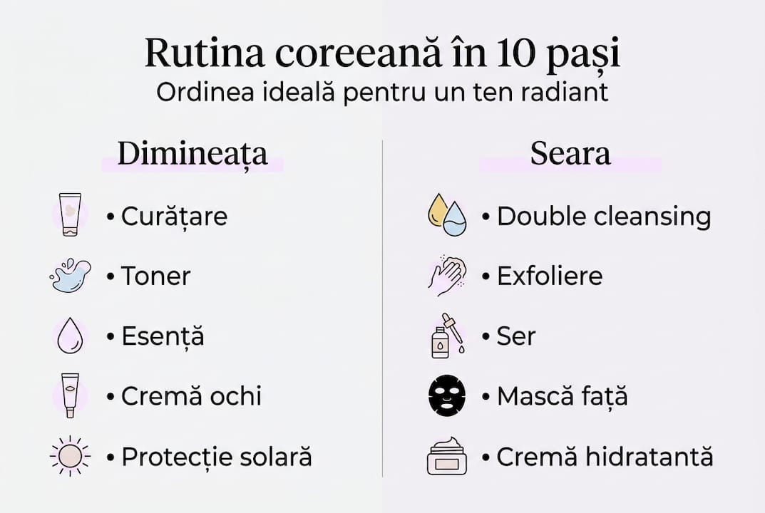 Infografic: etapele esențiale ale rutinei coreene de îngrijire a tenului