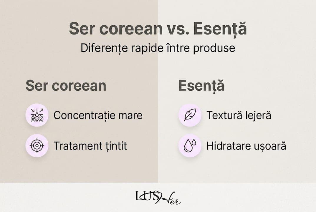 Infografic: care sunt diferențele dintre serul coreean și esență – ce să alegi pentru rutina ta de îngrijire a pielii?