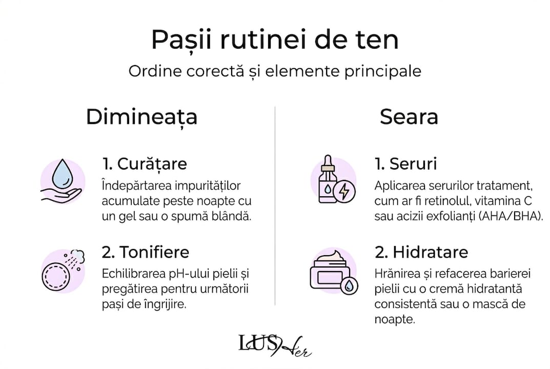 Infografic: etapele de bază pentru o rutină corectă de îngrijire a tenului