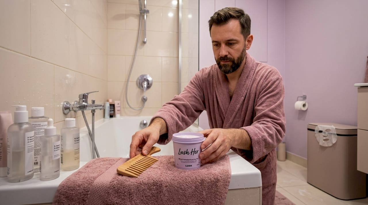 Produsele pentru îngrijirea părului, așezate ordonat pe un prosop în baie