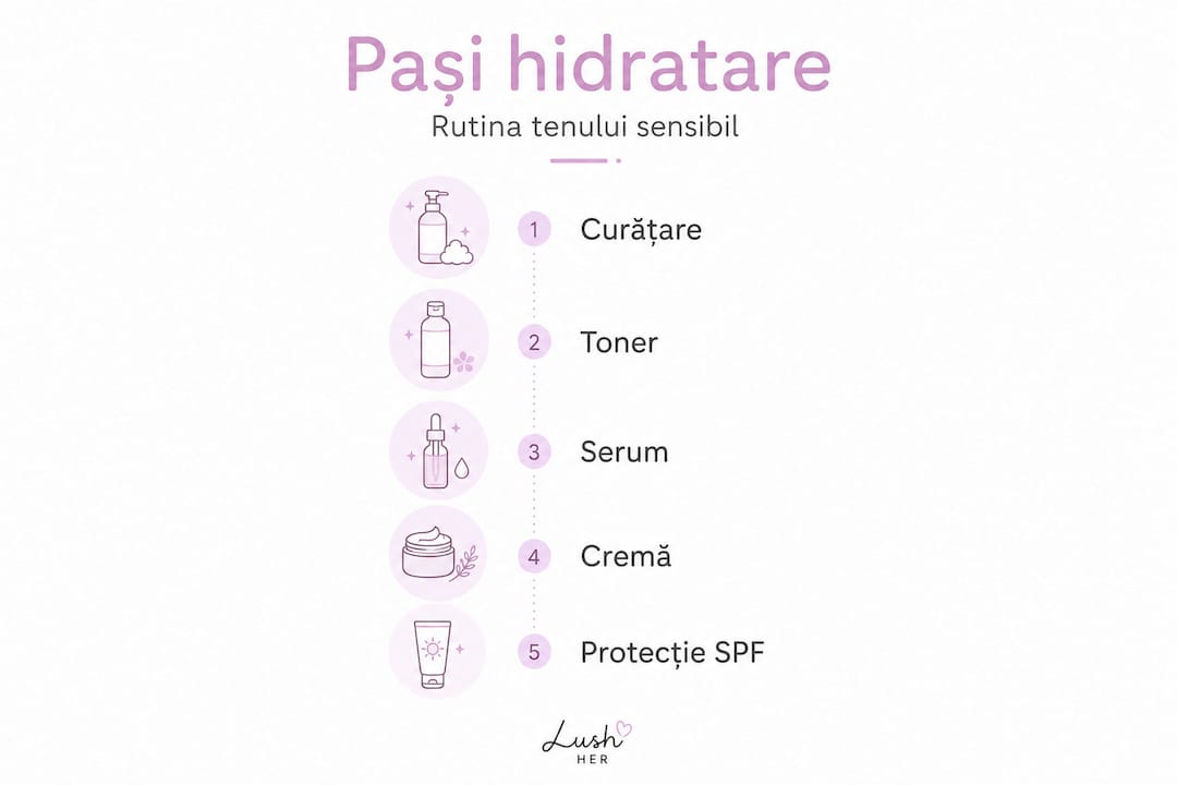 Infografic: cum îți hidratezi corect tenul sensibil – pașii esențiali