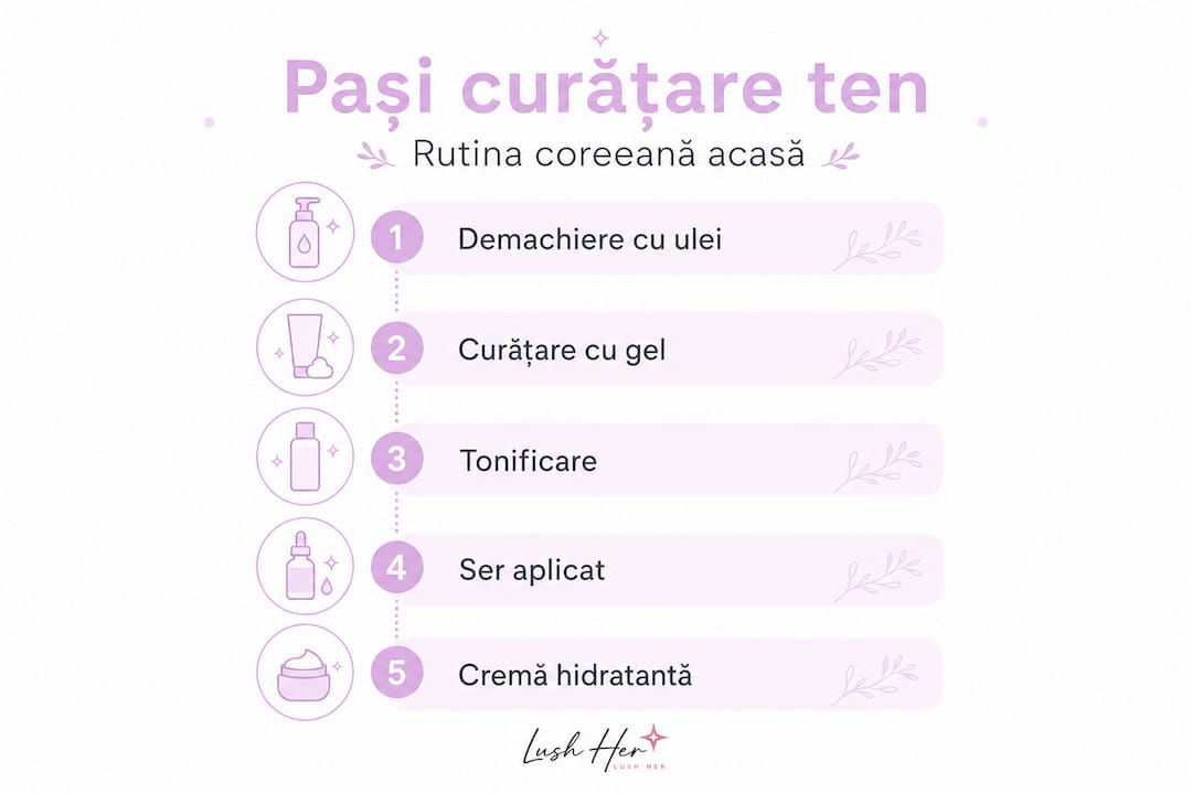 Infografic: rutina coreeană de curățare a tenului, pas cu pas, pentru acasă