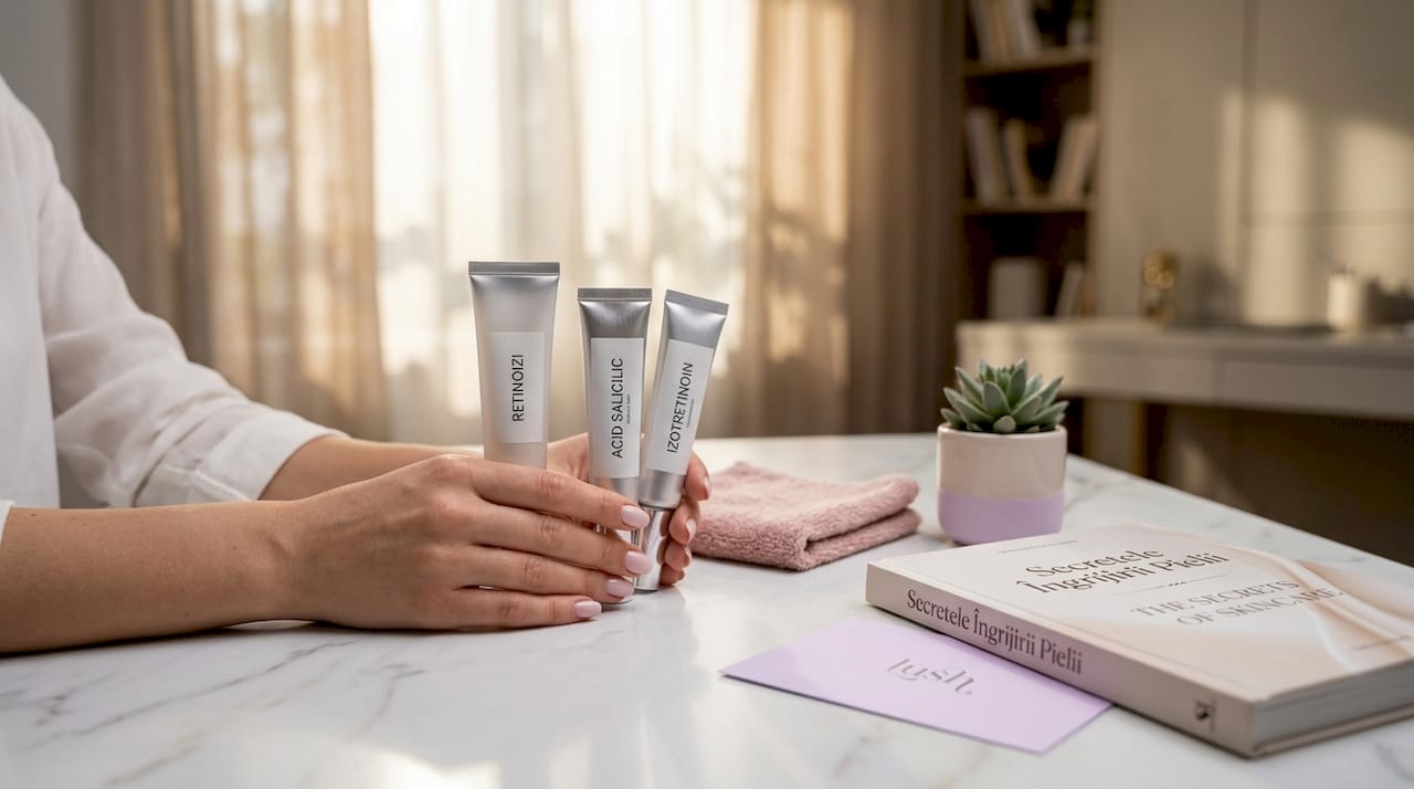 Mâini care țin creme pentru tratarea acneei