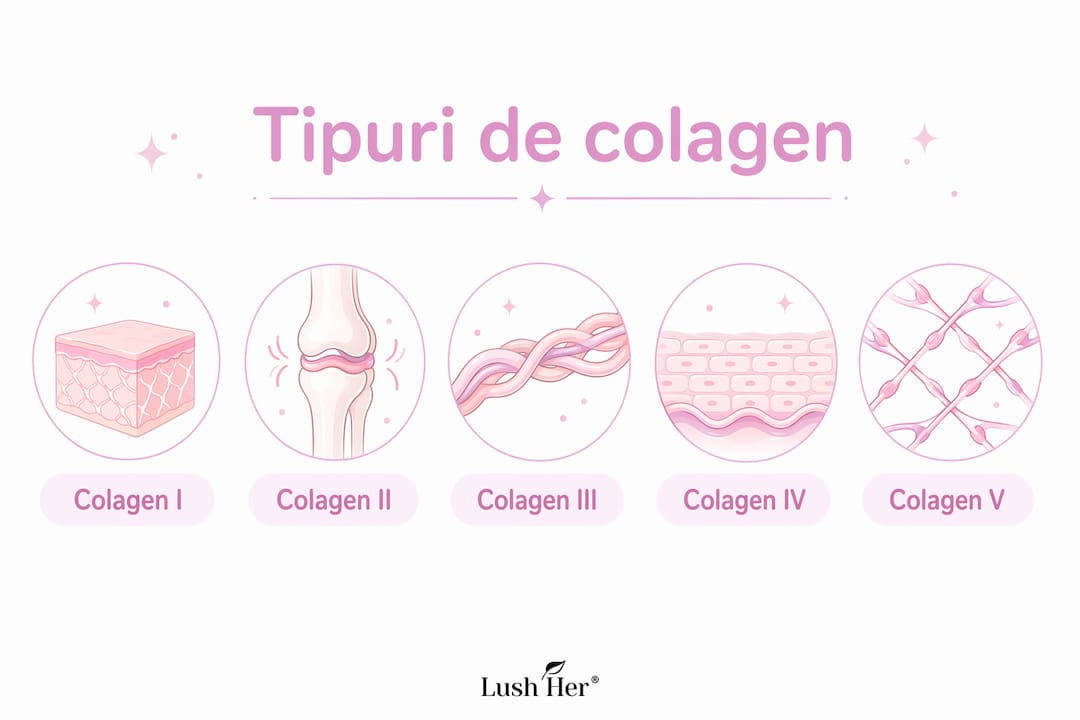 Infografic care prezintă structura ierarhică a tipurilor de colagen