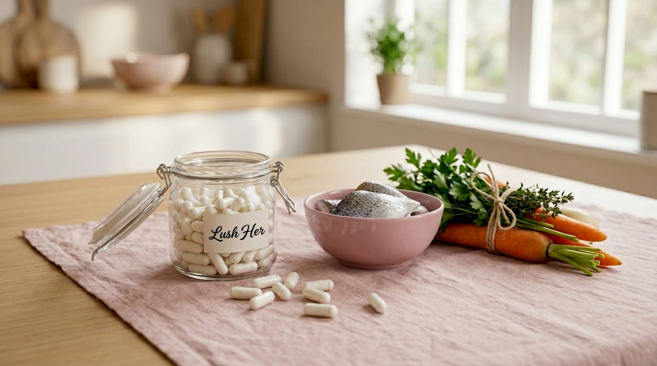 Prezentare de capsule cu colagen și ingrediente naturale