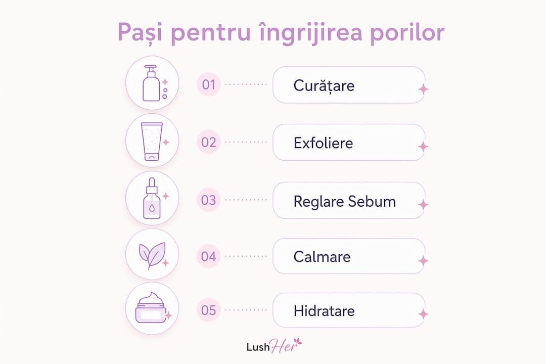 Infografic cu pașii esențiali pentru o rutină de îngrijire care reduce vizibil porii