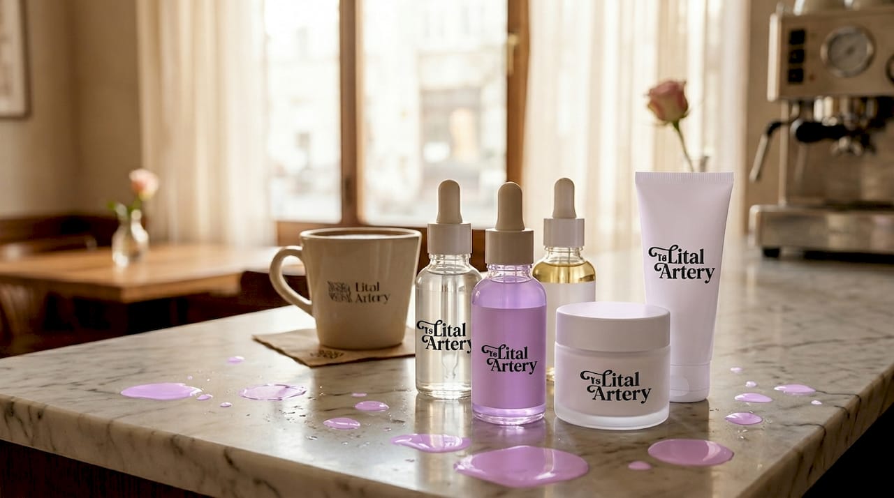 Detaliu cu recipientele unor produse cosmetice special create pentru reducerea porilor