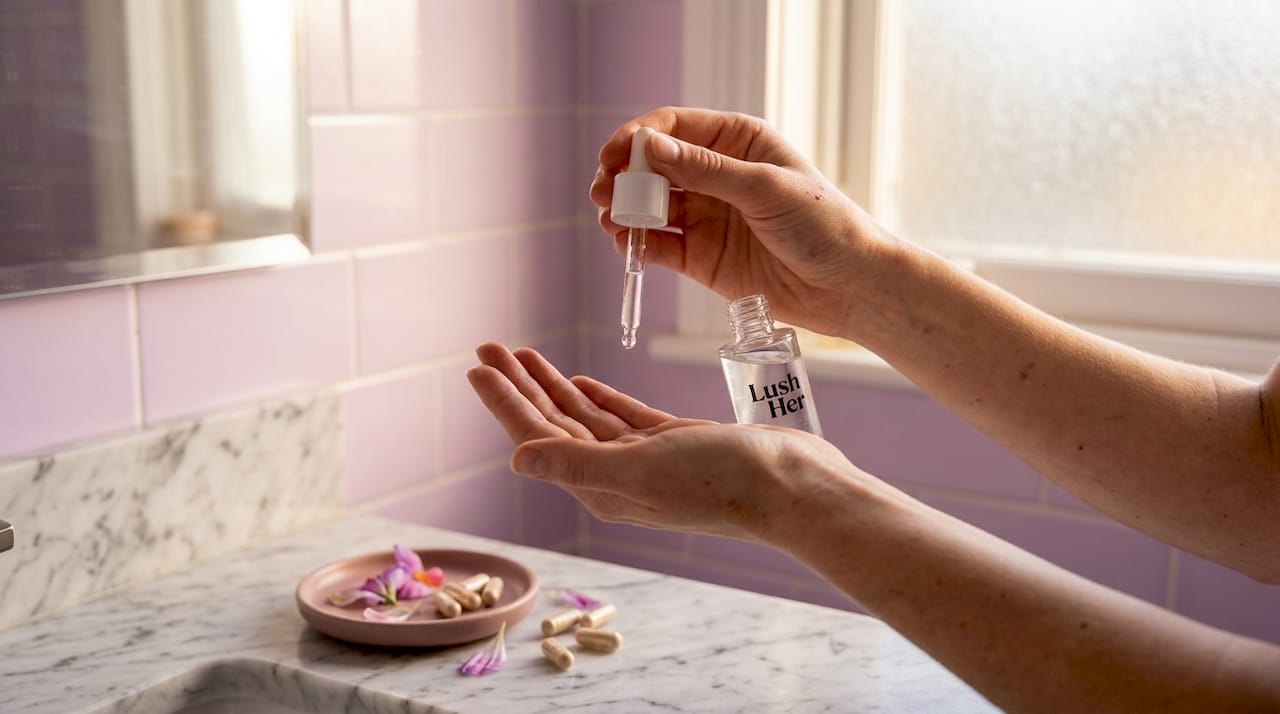 Mâini care țin un ser facial hidratant, pregătite să aplice câteva picături pentru un ten sănătos și luminos.