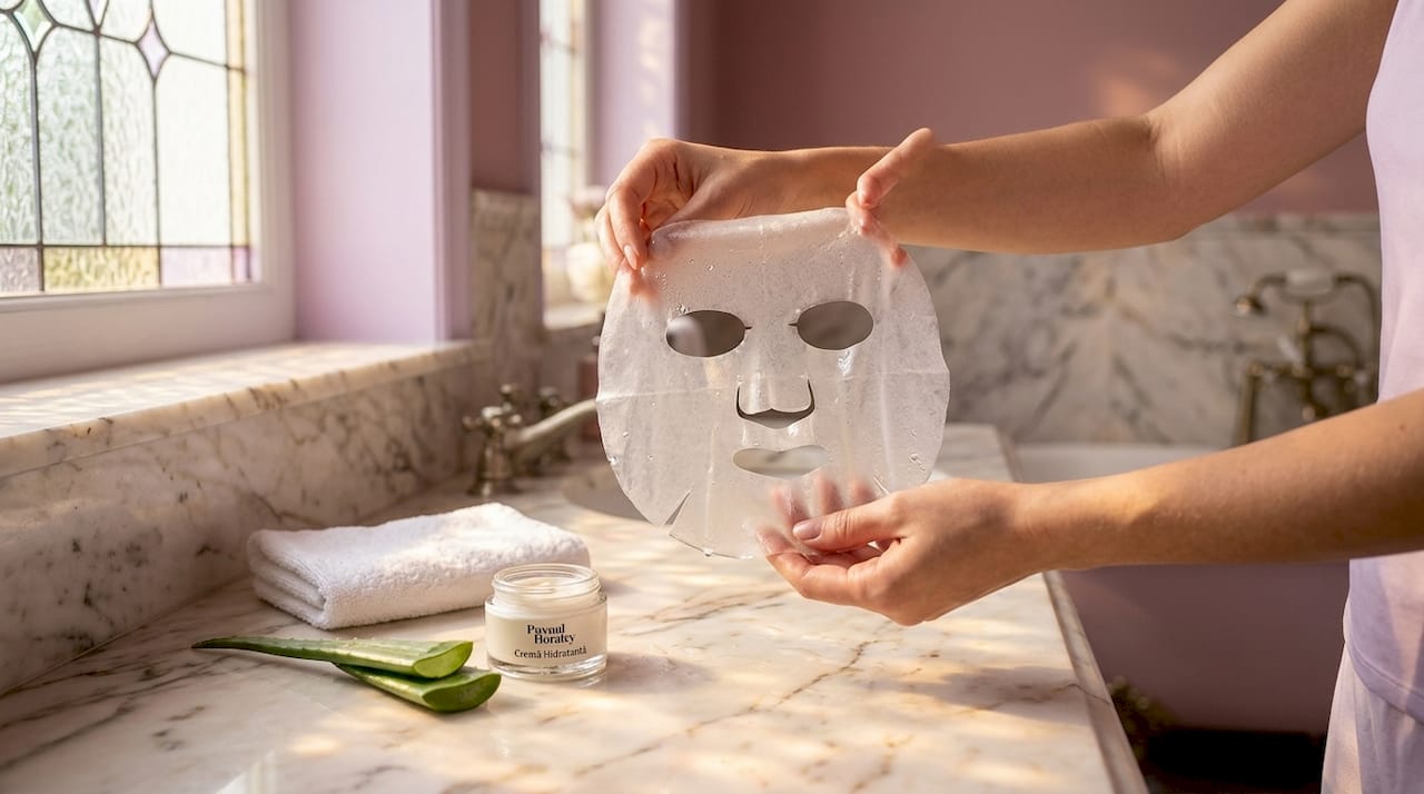 Două mâini țin o mască facială hidratantă, lângă chiuvetă, pregătită pentru un ritual asiatic de îngrijire a pielii.