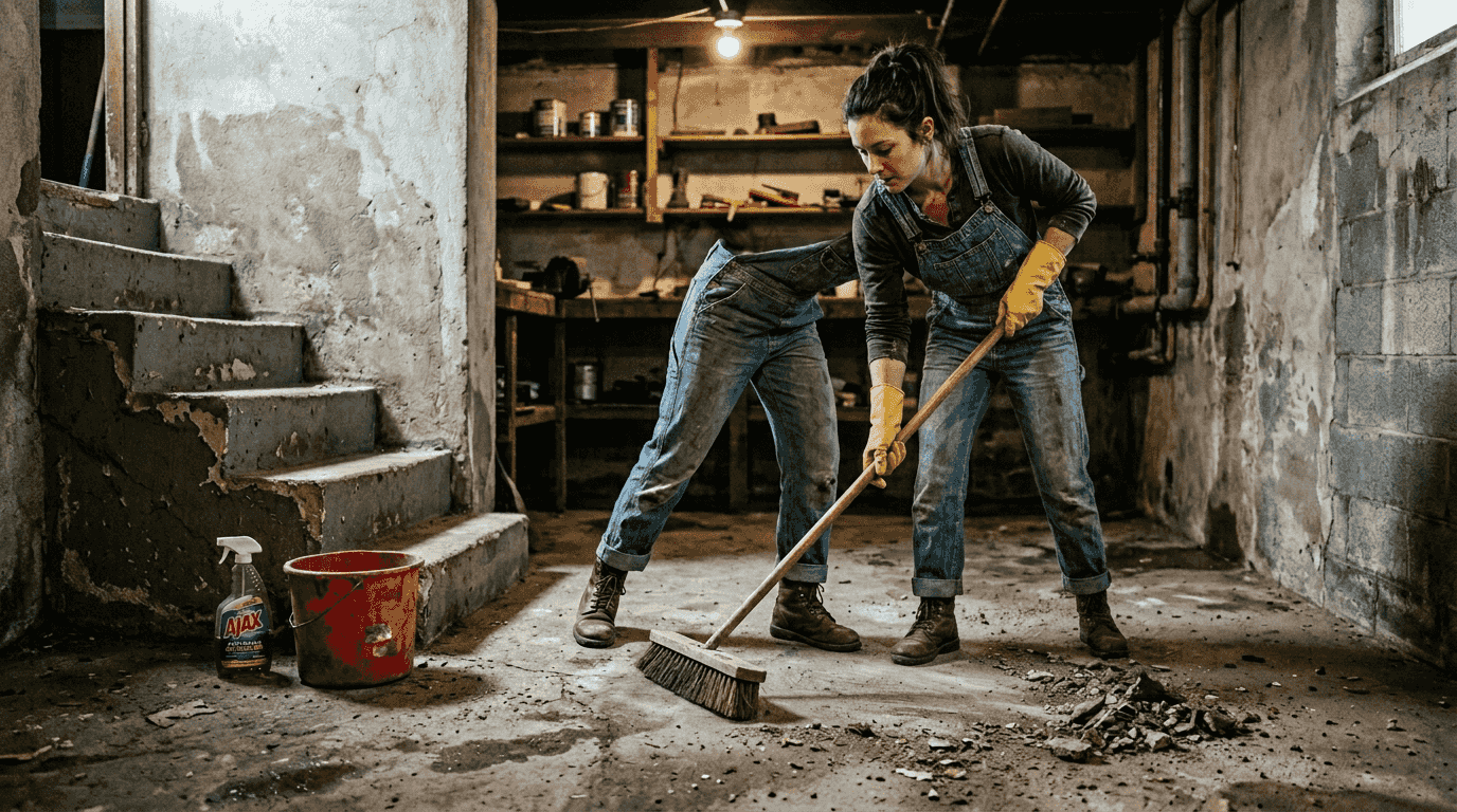 Woman cleaning concrete floor for epoxy prep