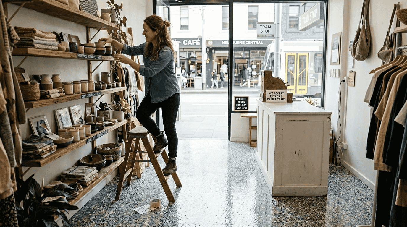 Shop owner with decorative flake epoxy floor