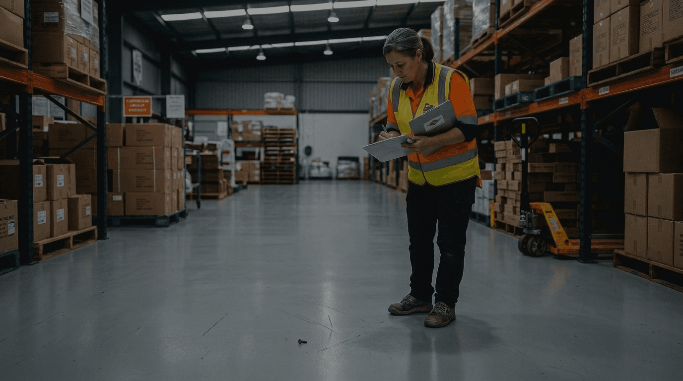 Supervisor inspects polyurethane-coated warehouse floor
