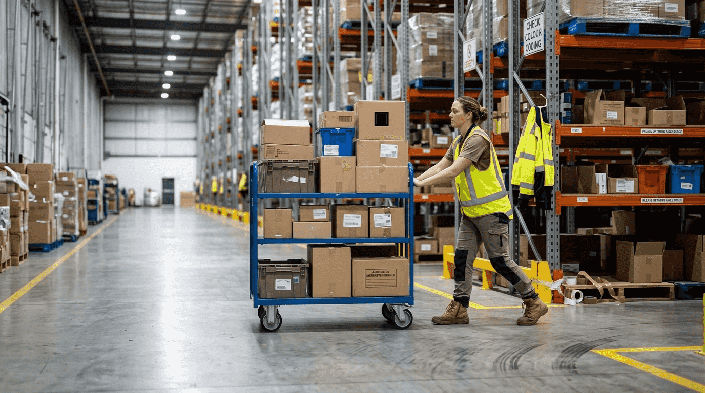 Warehouse worker pushes trolley on reflective floor